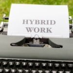 A vintage typewriter with a sheet displaying the text 'Hybrid Work' outdoors on grass.